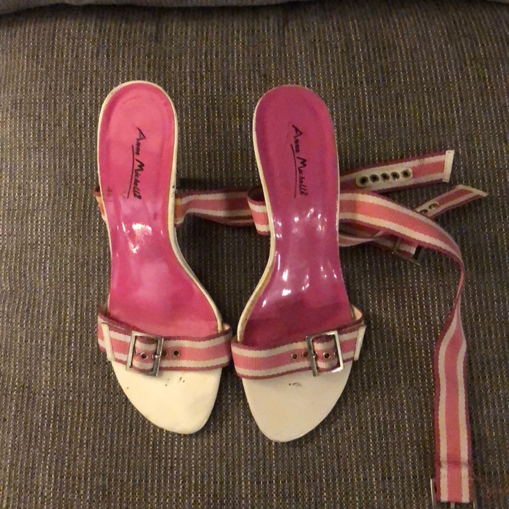 White and pink ankle strap high heels